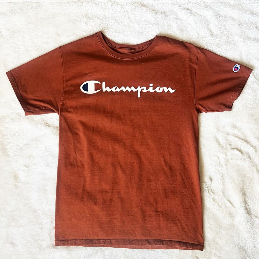 Champion Classic Script Logo T-Shirt Rust Orange Men’s Small Athletic Tee